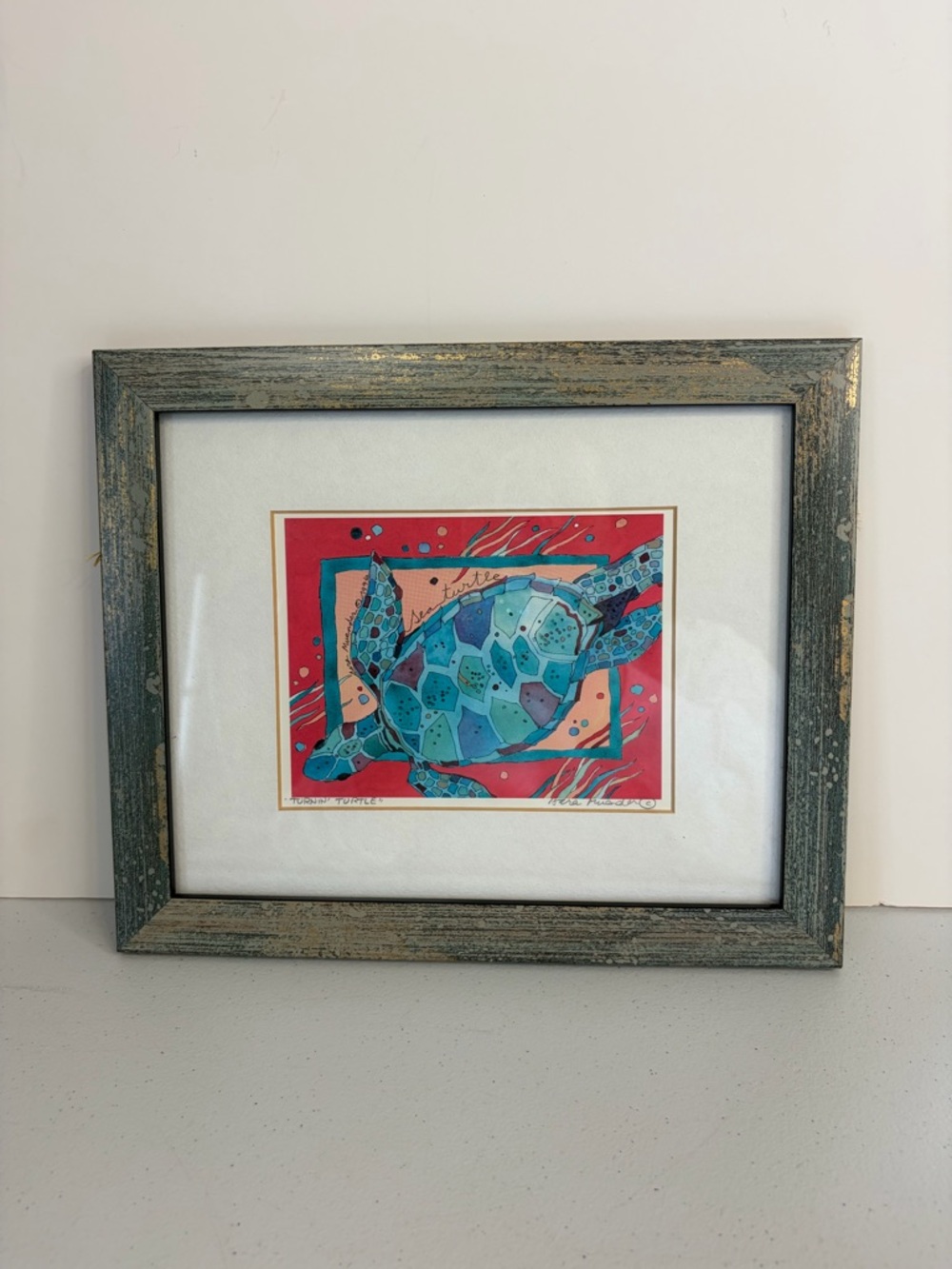 Turnin Turtle Signed Framed Print by Sara Muender 1996 Sea Turtle Wall Art 1990s